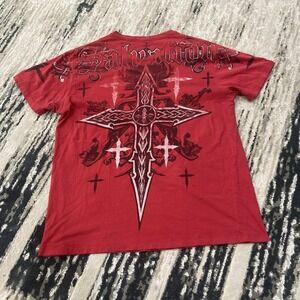 Vintage Affliction x Black Sz XLarge Red Salvation Cross AOP Grunge Y2K‎ Graphic